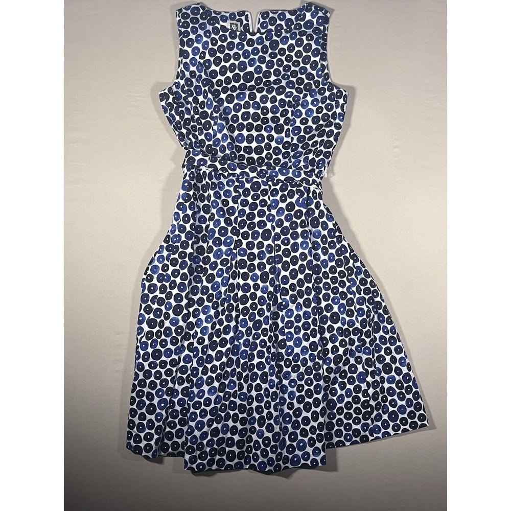 Anne Klein Blue White Abstract Dot Print Flare Belted Dress Size 8 Preppy